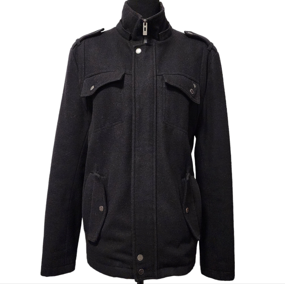 GUESS Black Wool Blend 4 Pocket Coat